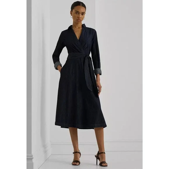 Lauren Ralph Lauren Women Surplice Georgette Midi Dress Dark Rinse Size 10 - Picture 3 of 3